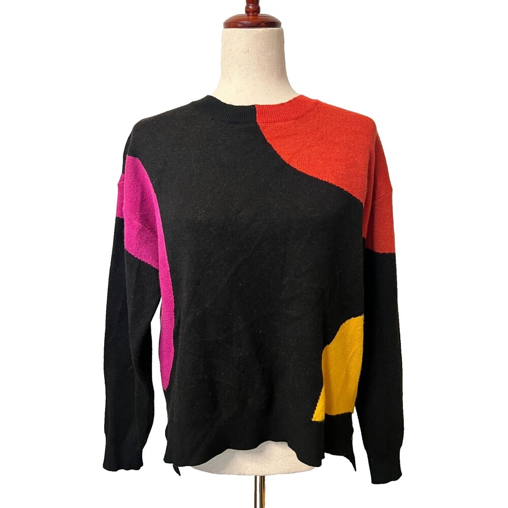 Compania Fantastica Sweater Women's M Crewneck Casual Black Multi Color Abstract